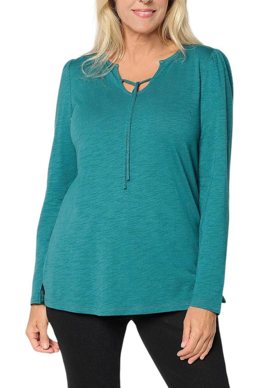Belle by Kim Gravel Women's U Neck Tie Front Top Blue Spruce - Regular